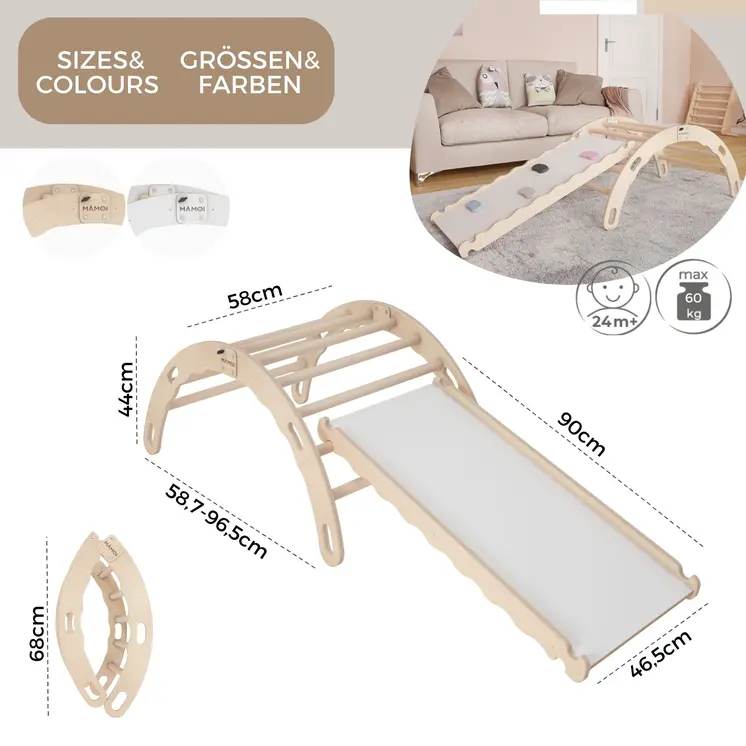 MAMOI® Kletterbogen mit rutsche, Kletterdreieck, Baby klettern, Regenbogenwippe aus holz, Holzbogen für Kinder, Rutschbrett für spielplatz, Klettergerüst indoor ab 1 jahr 2/3 jahre, Montessori