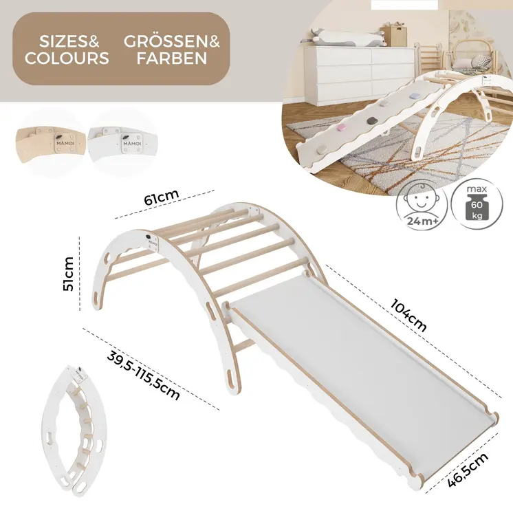 MAMOI® Indoor climbing frame 3 in 1 SET. Montessori climbing arch with cushions, indoor playground 1-3 years and slide for children.