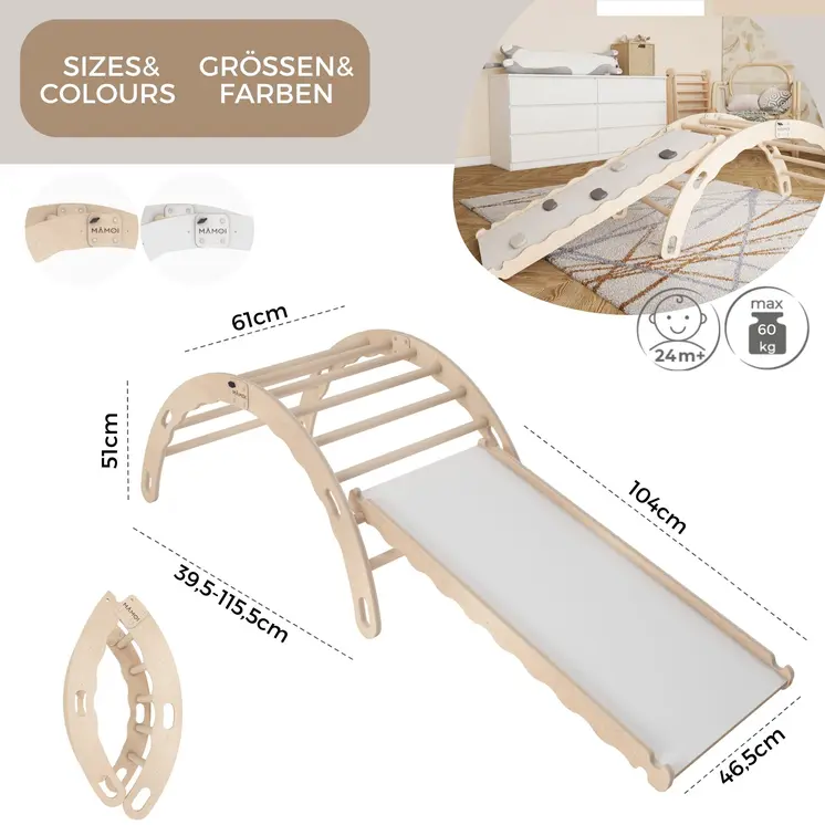 MAMOI® Triangle avec toboggan interieur, Mur escalade pour enfant, Aire de jeux pour bebe, Espalier en bois, Rocker arche à partir de 1/2/3 an, Bascule montessori