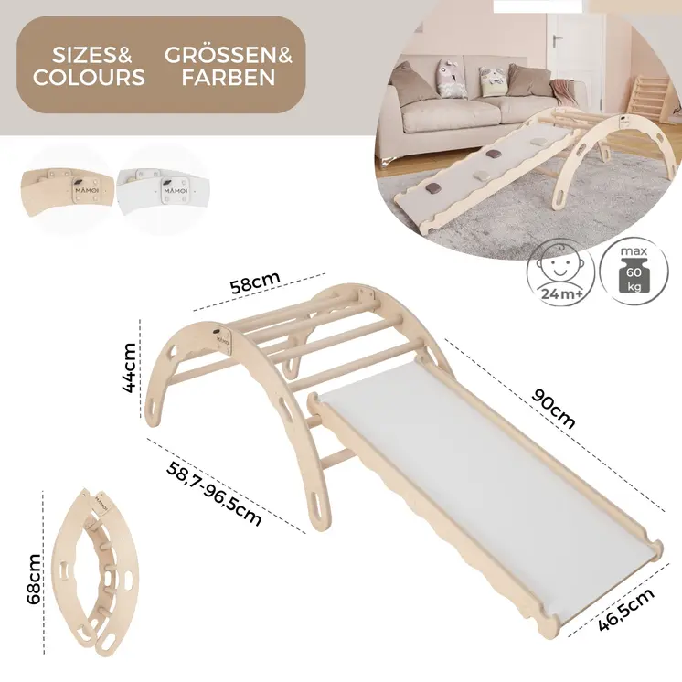 MAMOI® Kletterbogen mit rutsche, Kletterdreieck, Baby klettern, Regenbogenwippe aus holz, Holzbogen für Kinder, Rutschbrett für spielplatz, Klettergerüst indoor ab 1 jahr 2/3 jahre, Montessori