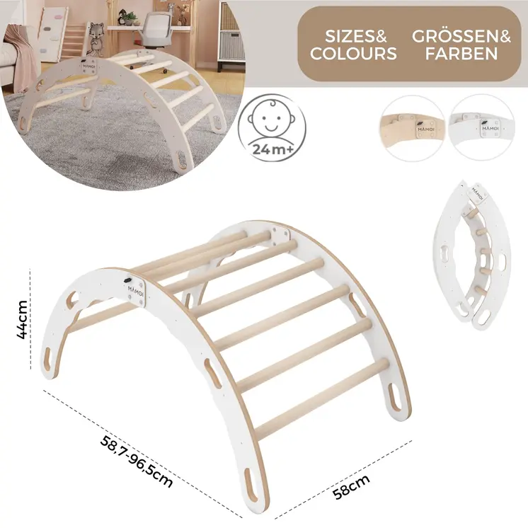 MAMOI® Kletterbogen, Kletterdreieck, Baby klettern, Regenbogenwippe aus holz, Holzbogen für Kinder, Spielplatz, Klettergerüst indoor ab 1 jahr 2/3 jahre, Montessori