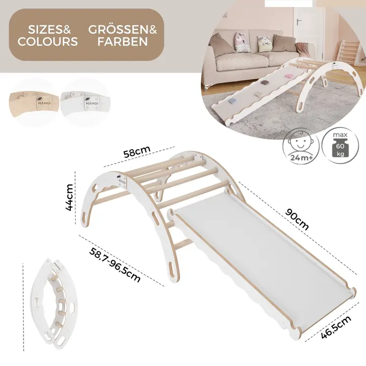 MAMOI® Kletterbogen mit rutsche, Kletterdreieck, Baby klettern, Regenbogenwippe aus holz, Holzbogen für Kinder, Rutschbrett für spielplatz, Klettergerüst indoor ab 1 jahr 2/3 jahre, Montessori