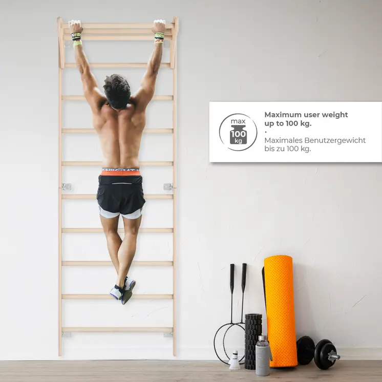 MAMOI® Wall-Mounted Gymnastics Bar with Pull-Up Bar (230 cm) | Wooden Training Ladder | Multi-Purpose Fitness Equipment | Wall-Mounted Gym Ladder for Adults & Kids | 100% ECO | Made in EU