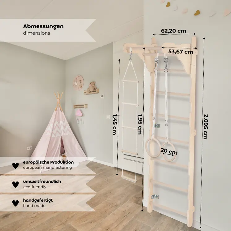 MAMOI® Children’s Gymnastic Ladder (210 cm) | Wall-Mounted Training Ladder | Rope Ladder for Kids | Wooden Indoor Playground | Gymnastic Rings | 100% ECO | Made in EU