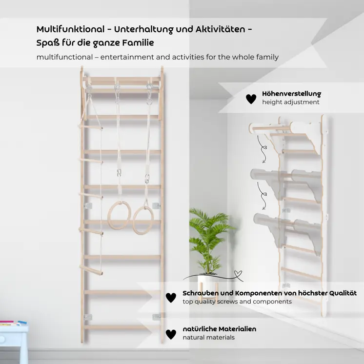 MAMOI® Échelle de gymnastique pour enfants (210 cm) | Échelle d'entraînement murale | Échelle de corde pour enfants | Aire de jeux en bois pour la maison | Roues de gymnastique | 100% ECO | Fabriqué en UE
