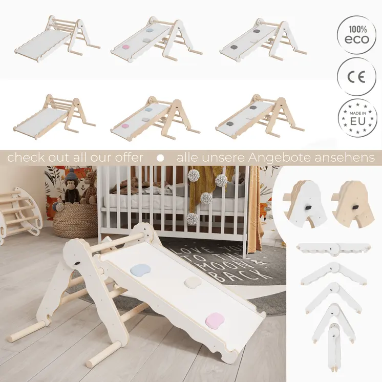 MAMOI® Klettergerüst indoor, Kletterdreieck mit rutsche holz, Baby kinder klettern, Kletterturm rutschbrett, Kletterbogen kinderrutsche, Regenbogenwippe, Montessori spielzeug ab 1 jahr 2/3 jahre