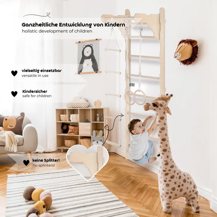 MAMOI® Children’s Gymnastic Ladder (210 cm) | Wall-Mounted Training Ladder | Rope Ladder for Kids | Wooden Indoor Playground | Gymnastic Rings | 100% ECO | Made in EU