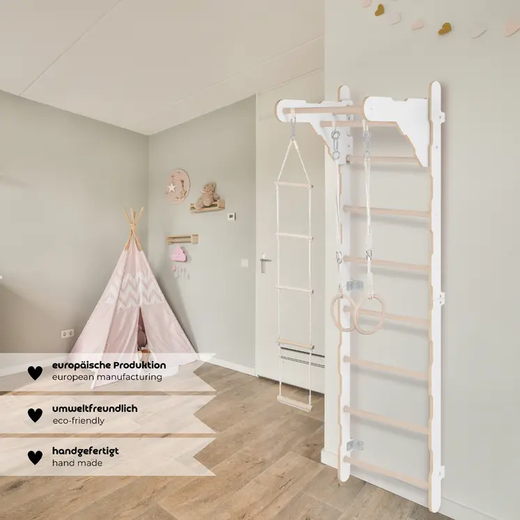 MAMOI® Échelle de gymnastique pour enfants (210 cm) | Échelle d'entraînement murale | Échelle de corde pour enfants | Aire de jeux en bois pour la maison | Roues de gymnastique | 100% ECO | Fabriqué en UE