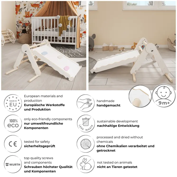 MAMOI® Klettergerüst indoor, Kletterdreieck mit rutsche holz, Baby kinder klettern, Kletterturm rutschbrett, Kletterbogen kinderrutsche, Regenbogenwippe, Montessori spielzeug ab 1 jahr 2/3 jahre
