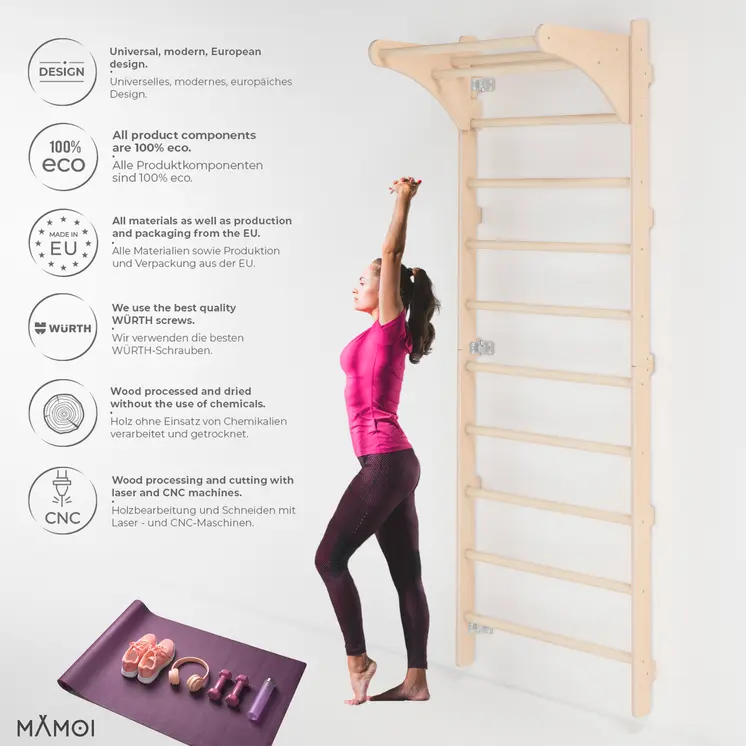 MAMOI® Wall-Mounted Gymnastics Bar with Pull-Up Bar (230 cm) | Wooden Training Ladder | Multi-Purpose Fitness Equipment | Wall-Mounted Gym Ladder for Adults & Kids | 100% ECO | Made in EU