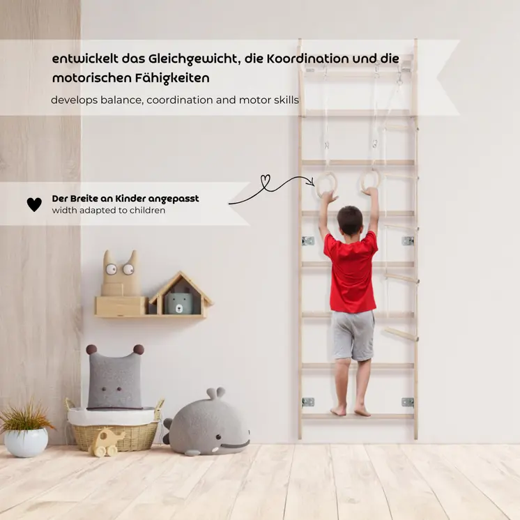 MAMOI® Children’s Gymnastic Ladder (210 cm) | Wall-Mounted Training Ladder | Rope Ladder for Kids | Wooden Indoor Playground | Gymnastic Rings | 100% ECO | Made in EU