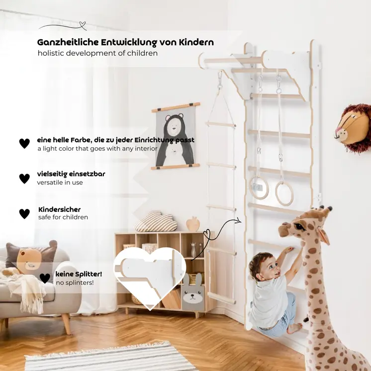 MAMOI® Échelle de gymnastique pour enfants (210 cm) | Échelle d'entraînement murale | Échelle de corde pour enfants | Aire de jeux en bois pour la maison | Roues de gymnastique | 100% ECO | Fabriqué en UE