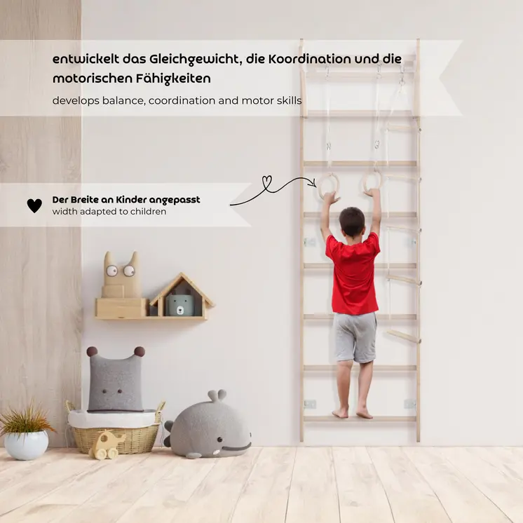 MAMOI® Échelle de gymnastique pour enfants (210 cm) | Échelle d'entraînement murale | Échelle de corde pour enfants | Aire de jeux en bois pour la maison | Roues de gymnastique | 100% ECO | Fabriqué en UE