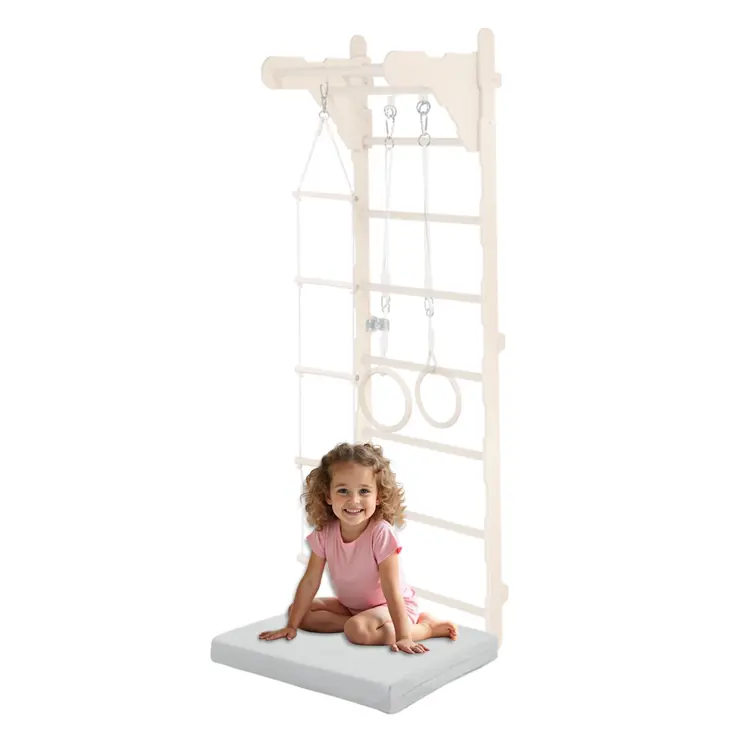 MAMOI® Gymnastik-Sprossenwand für Kinder (210 cm) | Wandmontierte Holzleiter | Kletterleiter für Kinder | Turnringe | Schutzmatte | Kletterseil | 100% ECO | Hergestellt in der EU