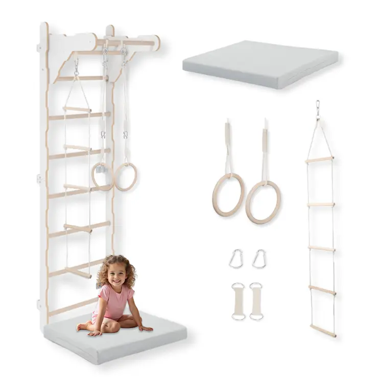 MAMOI® Échelle de gymnastique pour enfants (210 cm) | Échelle murale en bois | Cadre d'escalade pour enfants | Roues de gymnastique | Matelas de protection | Échelle de cordes | 100% ECO | Fabriqué en UE