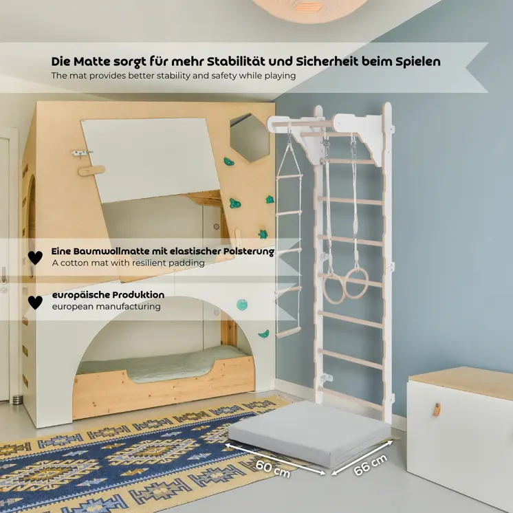 MAMOI® Échelle de gymnastique pour enfants (210 cm) | Échelle murale en bois | Cadre d'escalade pour enfants | Roues de gymnastique | Matelas de protection | Échelle de cordes | 100% ECO | Fabriqué en UE