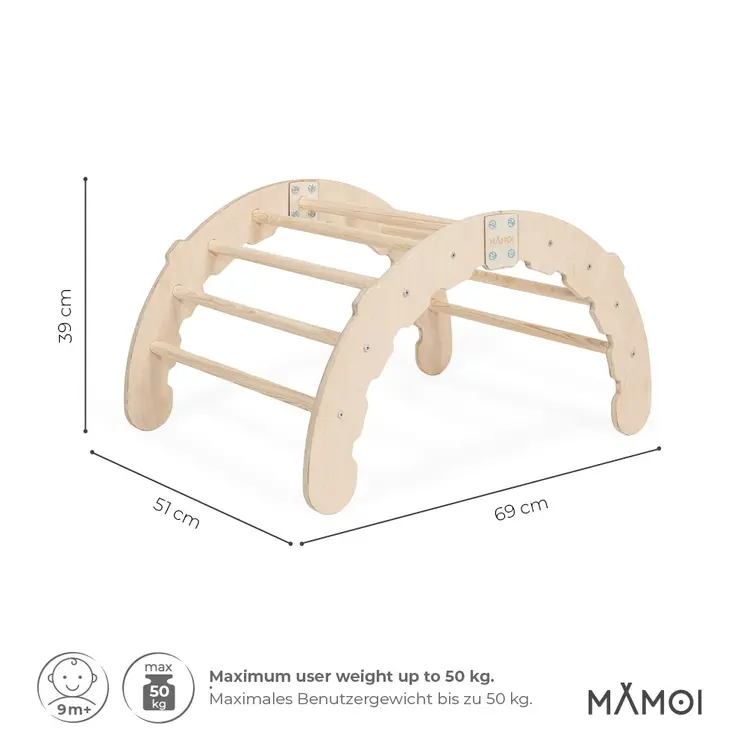 MAMOI® Kletterbogen, Kletterdreieck, Baby klettern, Regenbogenwippe aus holz, Holzbogen für Kinder, Spielplatz, Klettergerüst indoor ab 1 jahr 2/3 jahre, Montessori