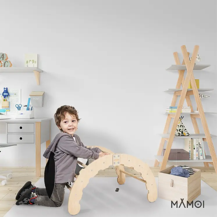 MAMOI® Kletterbogen, Kletterdreieck, Baby klettern, Regenbogenwippe aus holz, Holzbogen für Kinder, Spielplatz, Klettergerüst indoor ab 1 jahr 2/3 jahre, Montessori