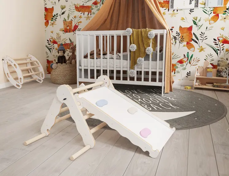 MAMOI® Klettergerüst indoor, Kletterdreieck mit rutsche holz, Baby kinder klettern, Kletterturm rutschbrett, Kletterbogen kinderrutsche, Regenbogenwippe, Montessori spielzeug ab 1 jahr 2/3 jahre