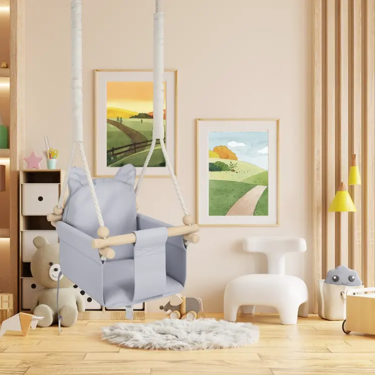 MAMOI® Balancoire interieur pour bebe et enfants, Siege balançoire en bois et en coton pour bébé, Balansoire pour enfant, Balancelle scandinave, Baby swing