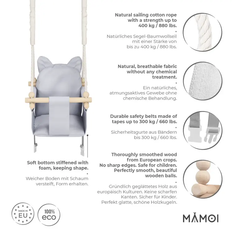 MAMOI® Balancoire interieur pour bebe et enfants, Siege balançoire en bois et en coton pour bébé, Balansoire pour enfant, Balancelle scandinave, Baby swing