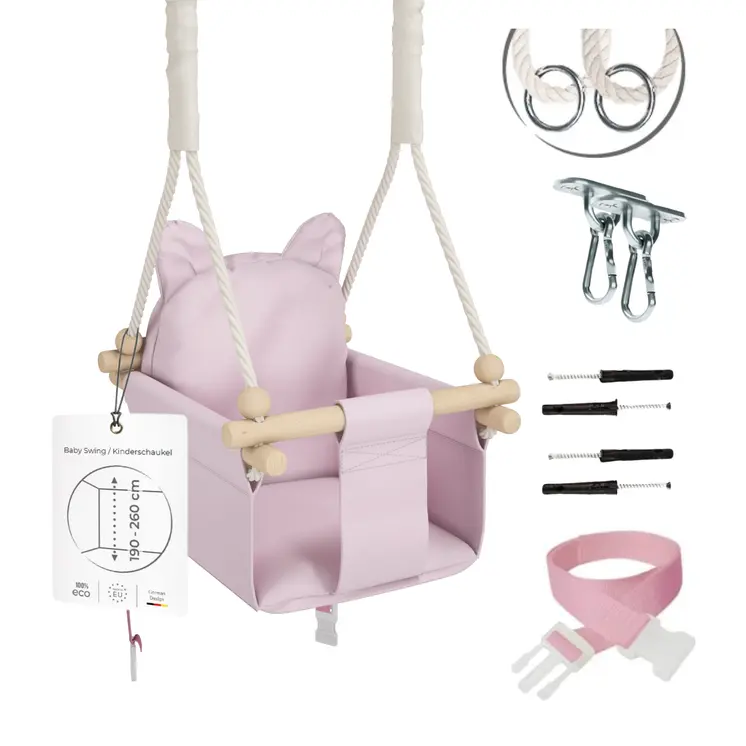 MAMOI® Wooden baby swing seat for toddlers Pink, Indoor toddler swings chair from birth, Kids baby bouncer for garden, Child rocker swing set from 8 months