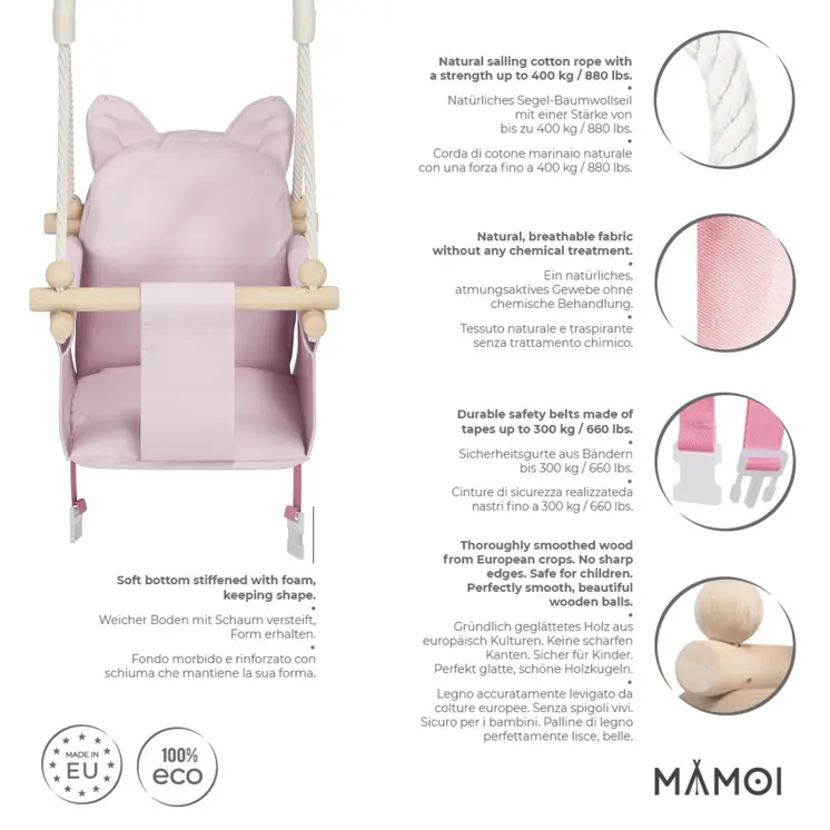 MAMOI® Balancoire interieur pour bebe et enfants, Siege balançoire en bois et en coton pour bébé, Balansoire pour enfant, Balancelle scandinave, Baby swing