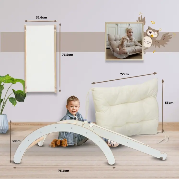 MAMOI® Klettergerüst  Indoor 3 in 1 SET. Montessori Kletterbogen mit Kissen, Indoor Spielplatz 1-3 Jahre und Rutsche für Kinder.