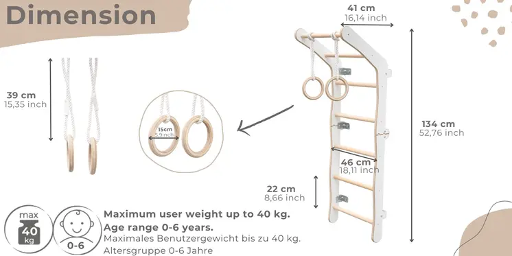 MAMOI® Swedish ladder, Wooden gorilla gym for kids, Indoor baby climbing frame for toddlers, Monkey bars and play gym, Childrens climbing wall, Gymnastics bar and equipment for home