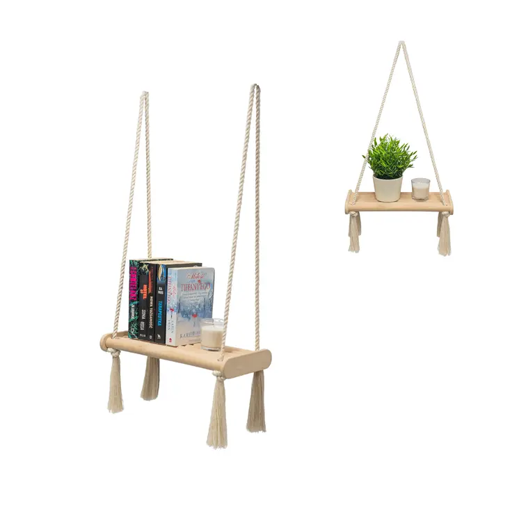 MAMOI® Wooden wall shelf Boho Hanging shelf Hand-woven macramé Floating shelf Wall decor Plant stand for kitchen Bedroom Living room