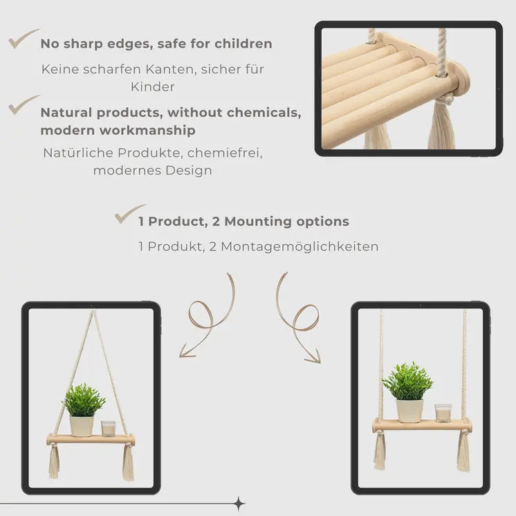 MAMOI® Wooden wall shelf Boho Hanging shelf Hand-woven macramé Floating shelf Wall decor Plant stand for kitchen Bedroom Living room