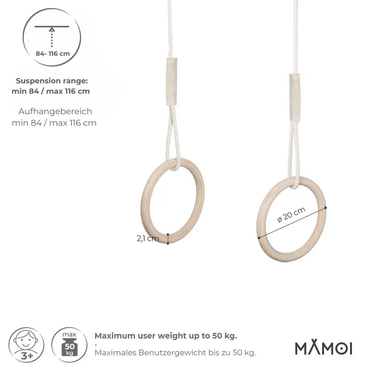 MAMOI® Trapeze bar baby swing, Indoor gymnastic rings, Monkey bars gorilla gym, Gymnastics pull up equipment for kids, Olympic rings and swings for calisthenics