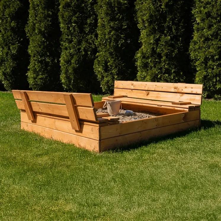 MAMOI Bac à sable avec couvercle 120x120 Bac à sable imprégné Bac à sable avec bancs Couverture de jouets en bois Bancs 150x150