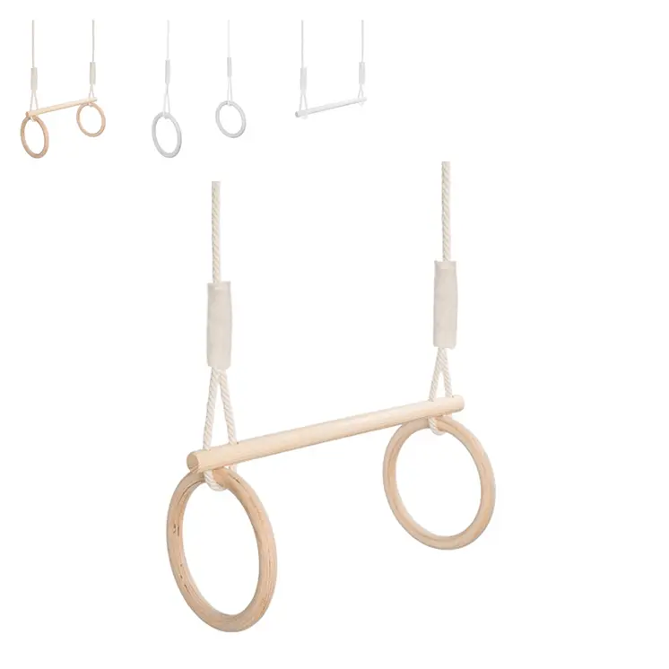MAMOI® Trapez schaukel, Turnringe aus holz, Turngeräte für kinder indoor und outdoor, Ringe schaukel, Turnen mit Holzschaukel, Gymnastikringe und Trapezstange
