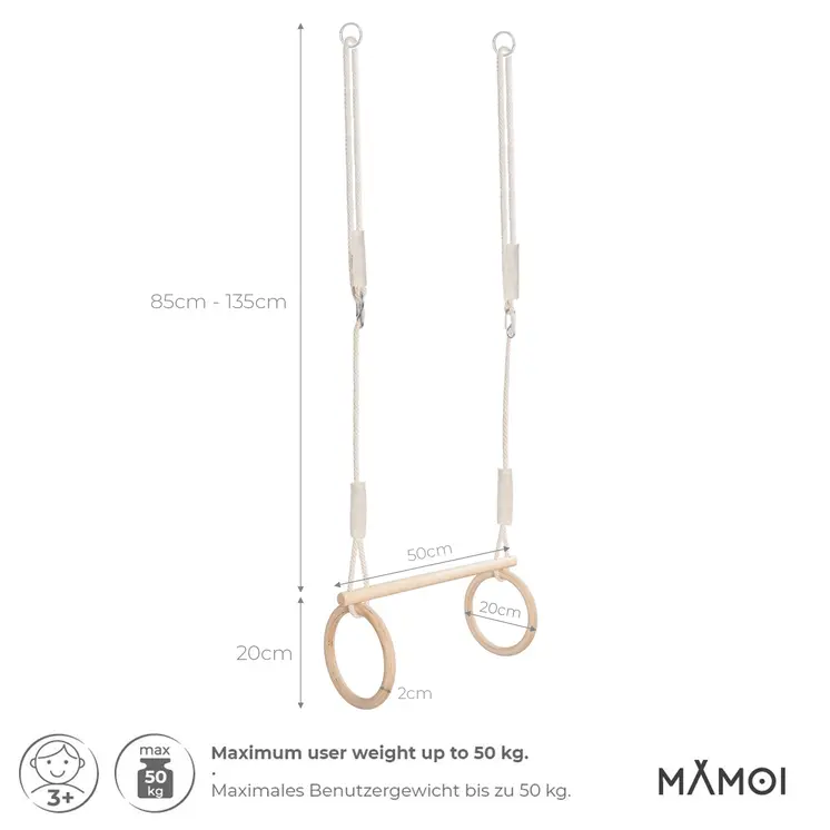 MAMOI® Trapez schaukel, Turnringe aus holz, Turngeräte für kinder indoor und outdoor, Ringe schaukel, Turnen mit Holzschaukel, Gymnastikringe und Trapezstange