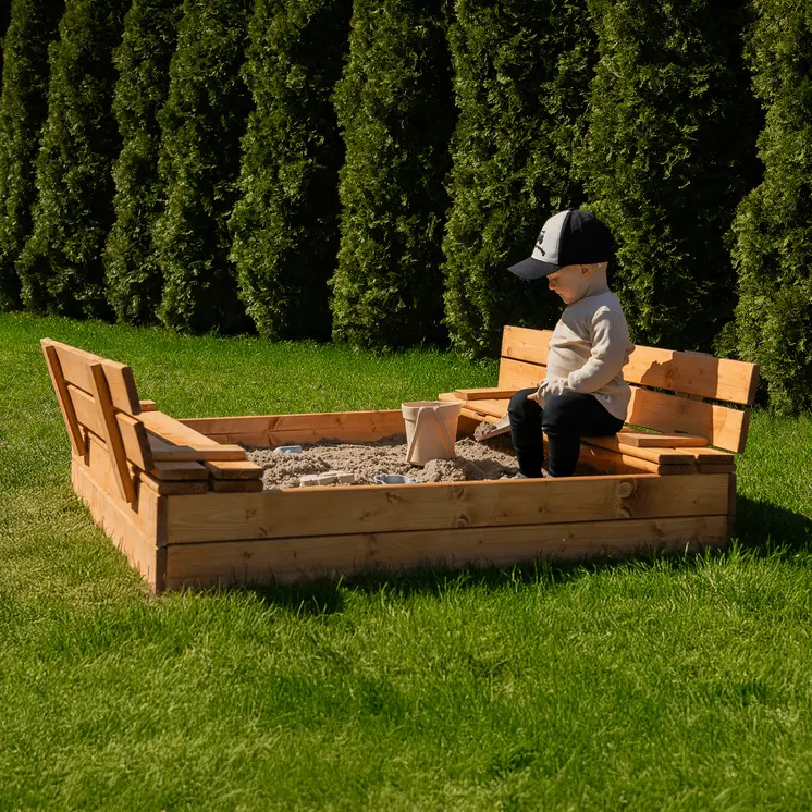MAMOI Bac à sable avec couvercle 120x120 Bac à sable imprégné Bac à sable avec bancs Couverture de jouets en bois Bancs 150x150
