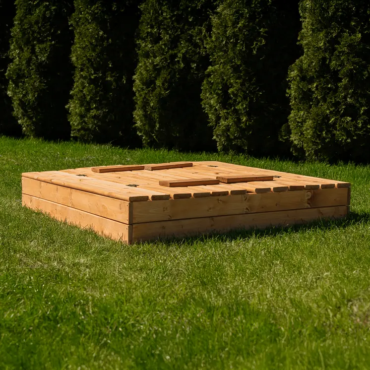 MAMOI Bac à sable avec couvercle 120x120 Bac à sable imprégné Bac à sable avec bancs Couverture de jouets en bois Bancs 150x150