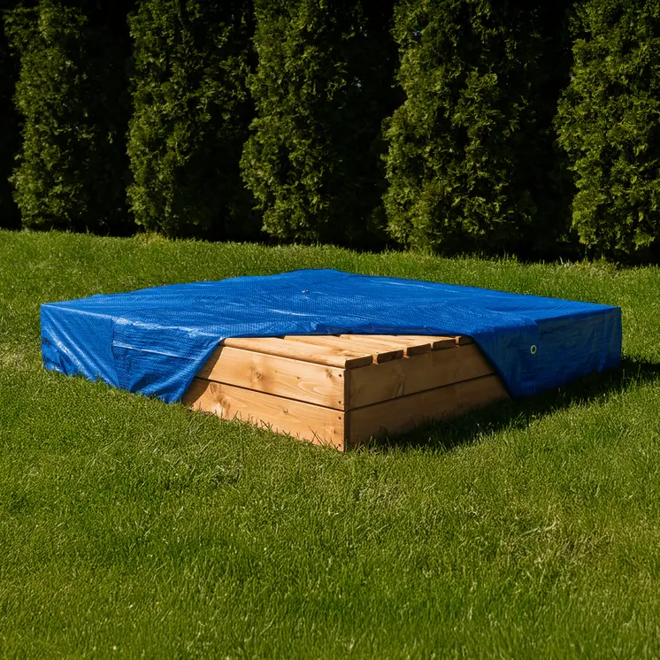 MAMOI Bac à sable avec couvercle 120x120 Bac à sable imprégné Bac à sable avec bancs Couverture de jouets en bois Bancs 150x150