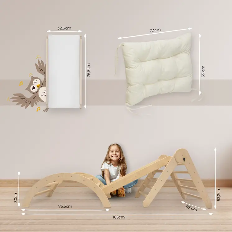 MAMOI® Climbing Frame Climbing Triangle Indoor 4 in 1 SET. Montessori climbing arch with cushions, indoor playground 1-3 years and slide for children.