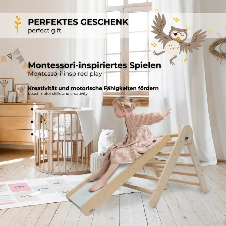 MAMOI® Climbing Frame Climbing Triangle Indoor 4 in 1 SET. Montessori climbing arch with cushions, indoor playground 1-3 years and slide for children.