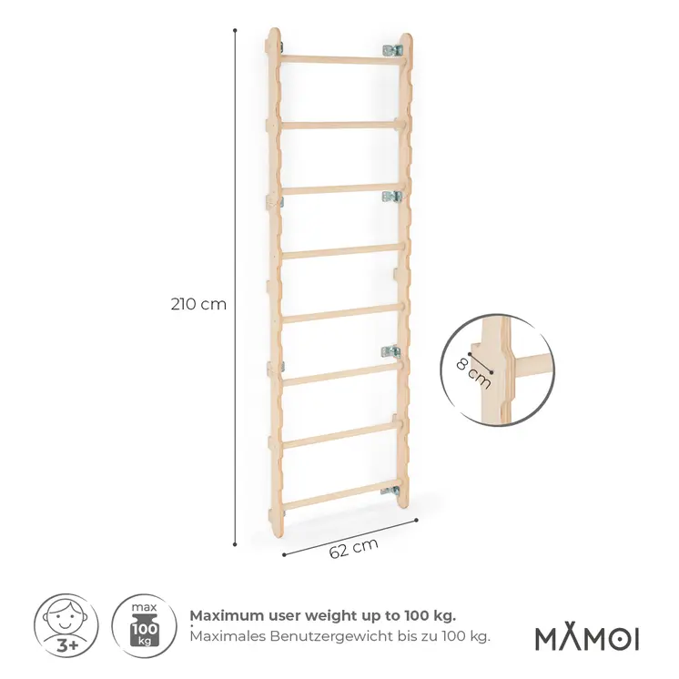 MAMOI® Indoor climbing frame, wall bars for children’s room, gymnastic rings for kids to climb, climbing wall and play equipment made of plywood, gym equipment with pull-up bar for indoor use, sports equipment from 3 years old.