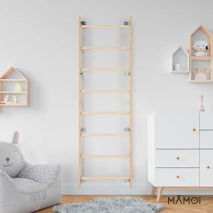 MAMOI® Indoor climbing frame, wall bars for children’s room, gymnastic rings for kids to climb, climbing wall and play equipment made of plywood, gym equipment with pull-up bar for indoor use, sports equipment from 3 years old.