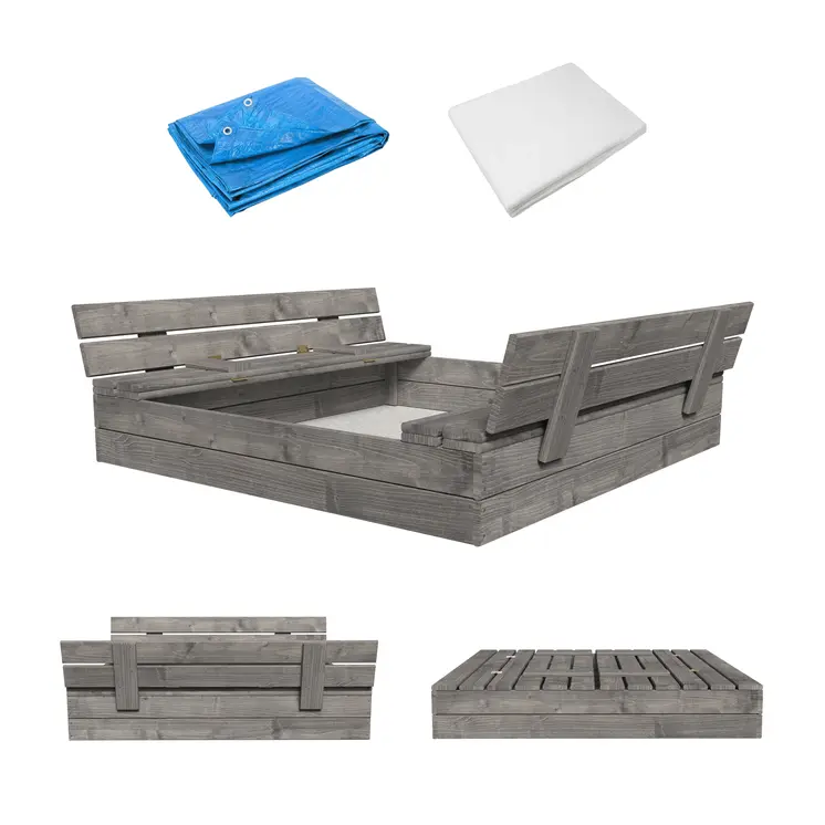 MAMOI Bac à sable avec couvercle 120x120 Bac à sable imprégné Bac à sable avec bancs Couverture de jouets en bois Bancs 150x150