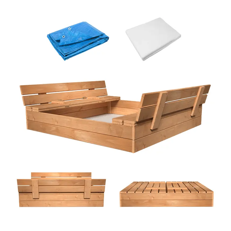 MAMOI Bac à sable avec couvercle 120x120 Bac à sable imprégné Bac à sable avec bancs Couverture de jouets en bois Bancs 150x150