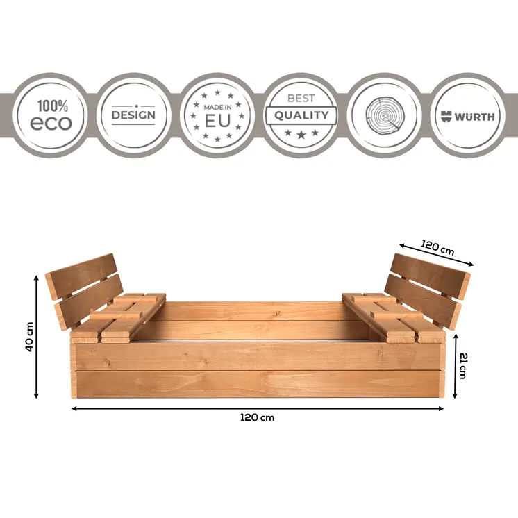 MAMOI Bac à sable avec couvercle 120x120 Bac à sable imprégné Bac à sable avec bancs Couverture de jouets en bois Bancs 150x150