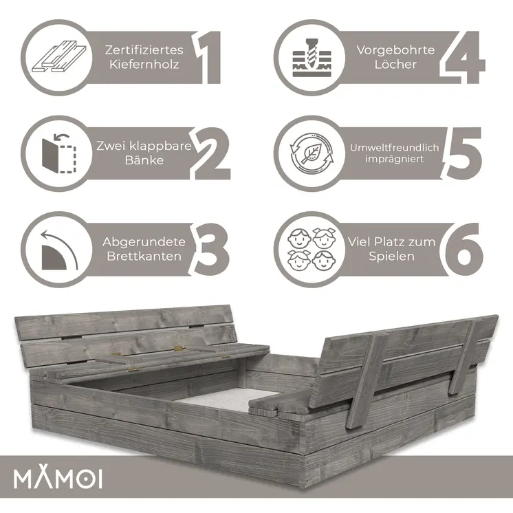 MAMOI Bac à sable avec couvercle 120x120 Bac à sable imprégné Bac à sable avec bancs Couverture de jouets en bois Bancs 150x150