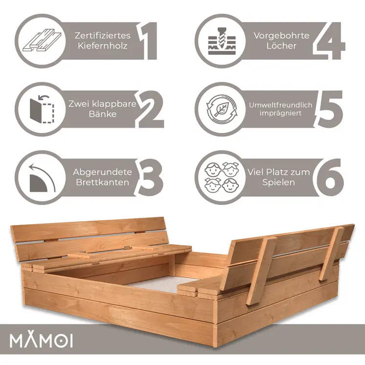 MAMOI Bac à sable avec couvercle 120x120 Bac à sable imprégné Bac à sable avec bancs Couverture de jouets en bois Bancs 150x150