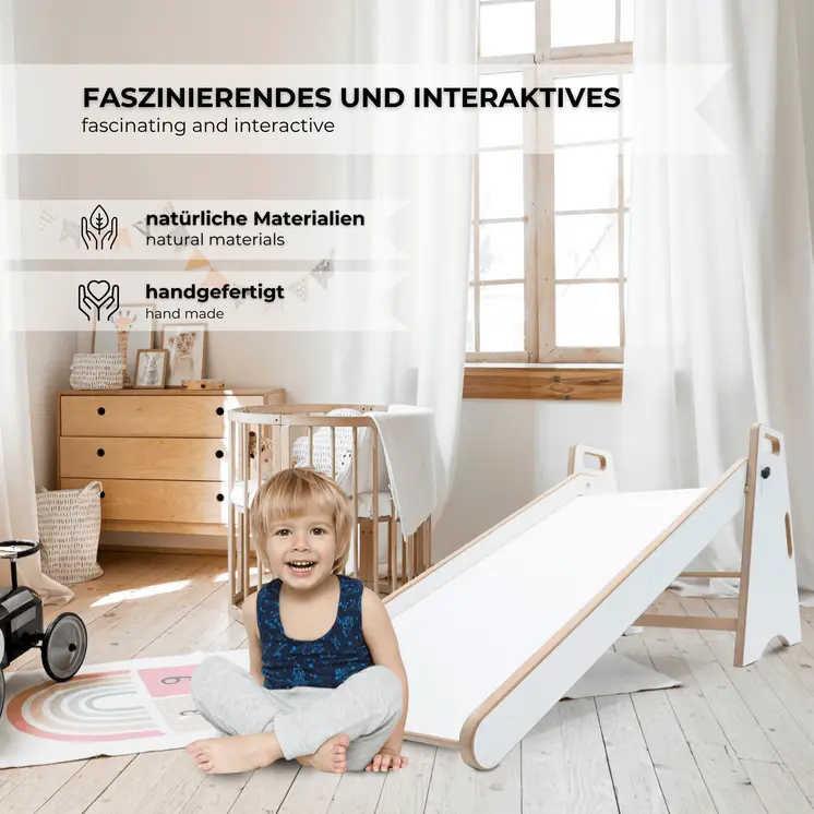 MAMOI® Toboggan d’Intérieur pour Enfants – Toboggan en Bois 2-en-1 et Marchepied | Toboggan Montessori et Aide de Cuisine