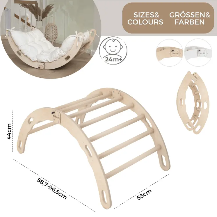 MAMOI® Kletterbogen mit Kissen, Kissen für Regenbogenwippe aus Holz, Kletterdreieck, Baby Klettern, Holzbogen für Kinder, Spielplatz, Klettergerüst Indoor ab 1/2/3 Jahre