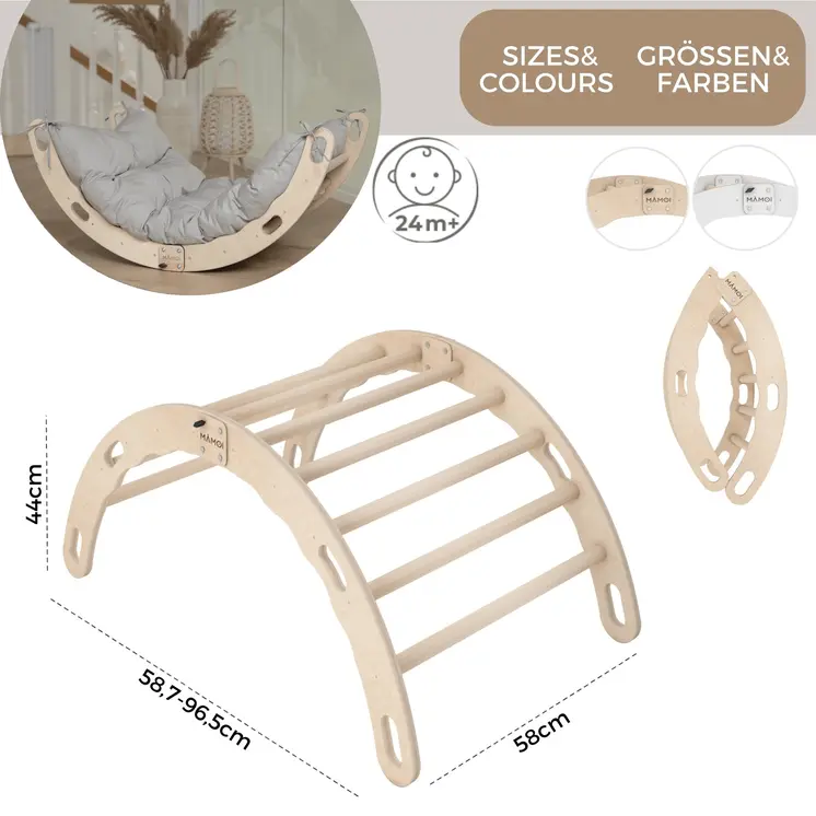 MAMOI® Kletterbogen mit Kissen, Kissen für Regenbogenwippe aus Holz, Kletterdreieck, Baby Klettern, Holzbogen für Kinder, Spielplatz, Klettergerüst Indoor ab 1/2/3 Jahre